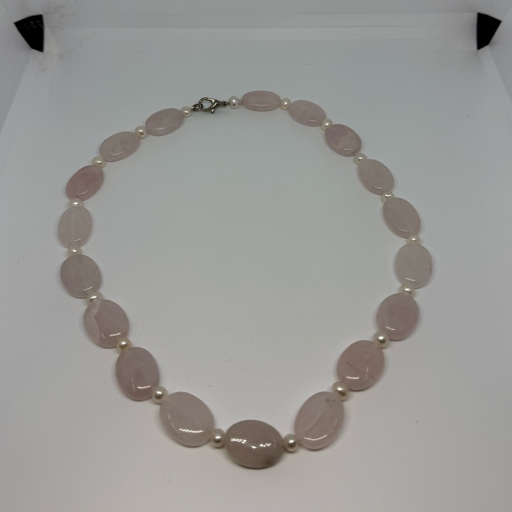 Vintage Rose Quartz Oval Bead Necklace 17” - Picture 4 of 4